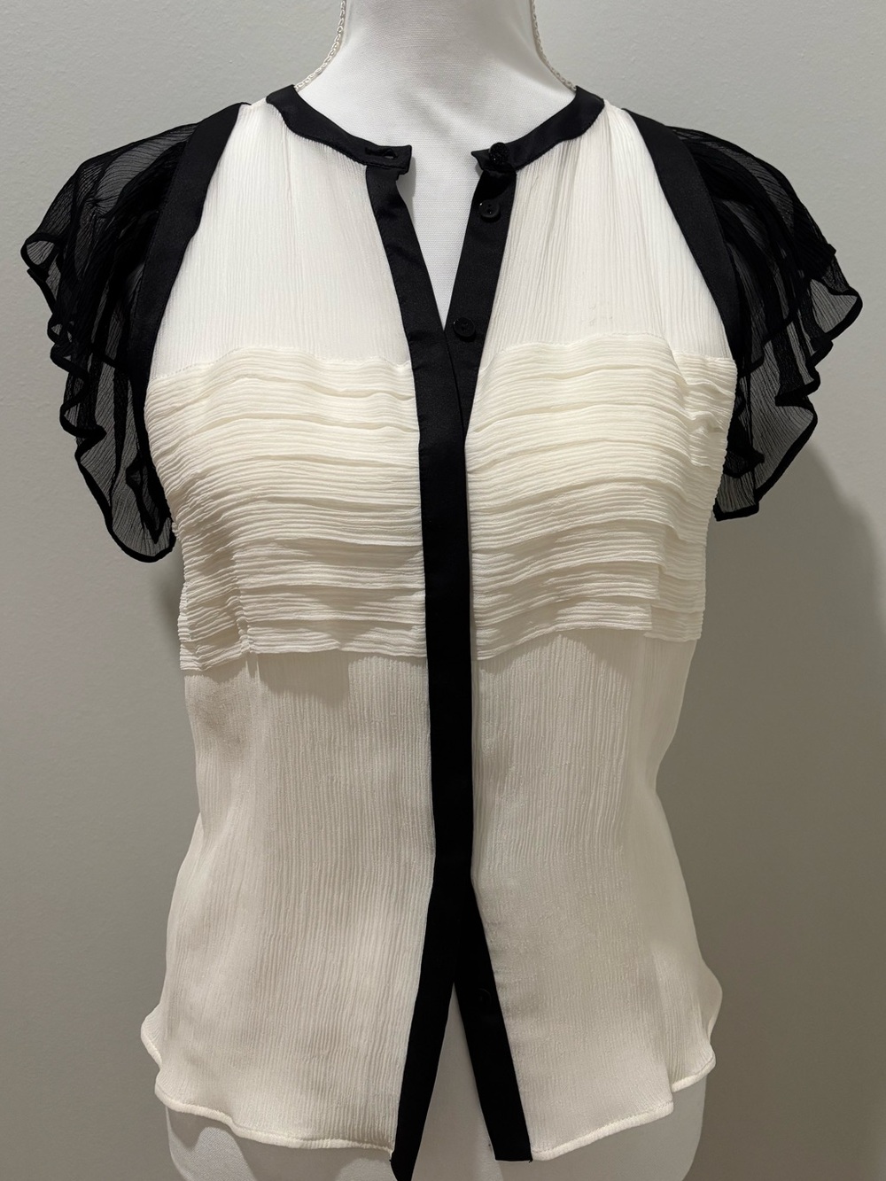 The Kooples — Sheer Cream Blouse with Black Trim Cap Sleeves Business Bridal